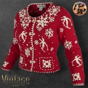 Michael Simon Petite Small Red Snowflake Skiing Fair Isle Sweater Vintage 1995